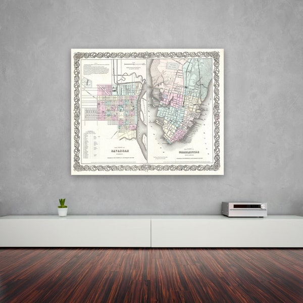 Antique Print of Savannah Georgia and Charleston South Carolina on your choice of Photo Paper, Matte Paper or Canvas Giclee