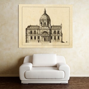 Impressão antiga da arquitetura francesa da Igreja da Sorbonne na cor de sua escolha e papel fotográfico, papel fosco ou tela Giclée.