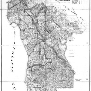 May include: A black and white map of San Mateo County, California, from 1894. The map shows the county's boundaries, roads, and towns. The map is titled "Official Map of San Mateo County, California, 1894."