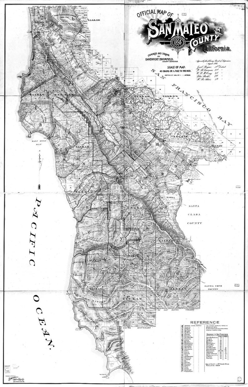 May include: A black and white map of San Mateo County, California, from 1894. The map shows the county's boundaries, roads, and towns. The map is titled "Official Map of San Mateo County, California, 1894."