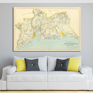 Druck einer antiken Karte von New Haven County, Conneticut auf Fotopapier, Mattpapier oder gespannter Leinwand