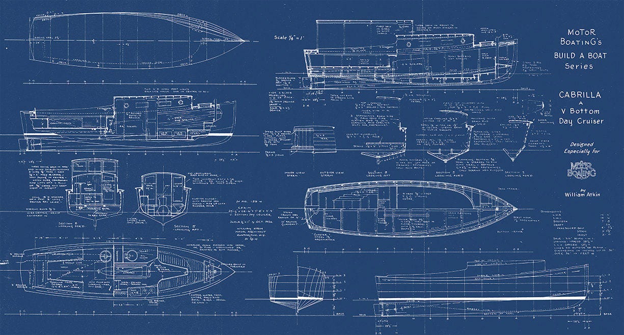 print of vintage cabrilla boat blueprint from motor