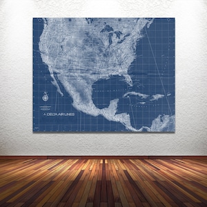 Stampa antica d'epoca della mappa del percorso dei sistemi Delta Airlines su carta fotografica opaca, tela, giclée