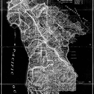 May include: A black and white map of San Mateo County, California, from 1894. The map shows the county's roads, towns, and geographical features. The map is titled "Official Map of San Mateo County, California" and includes the text "Compiled and Drawn by Davenport Bromfield."