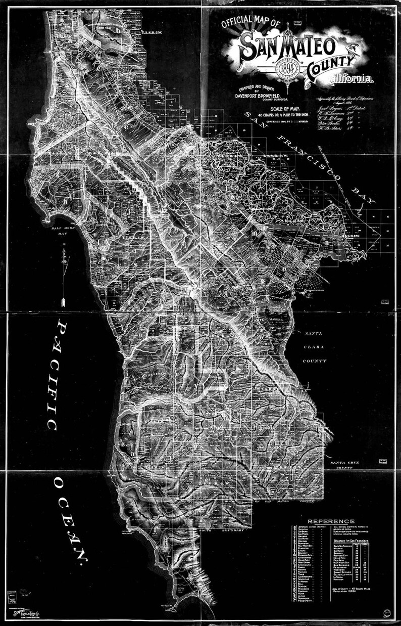 May include: A black and white map of San Mateo County, California, from 1894. The map shows the county's roads, towns, and geographical features. The map is titled "Official Map of San Mateo County, California" and includes the text "Compiled and Drawn by Davenport Bromfield."