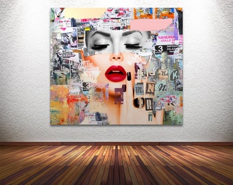 Impresión artística de collage de retrato femenino abstracto: lienzo moderno o papel mate