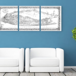 Mapa antiguo vintage de Long Island Sound, Nueva York, de 3 paneles, impresión en blanco y negro sobre lienzo, Giclée, decoración del hogar, temática náutica, art déco
