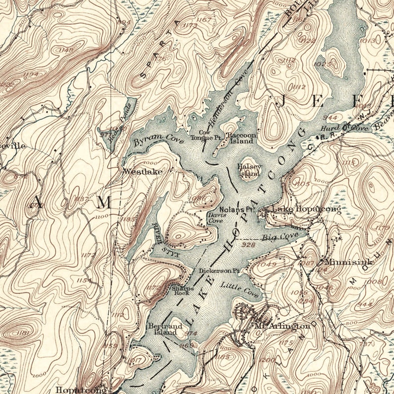 Detailed Map of Lake Hopatcong in New Jersey. Printed on Etsy Australia