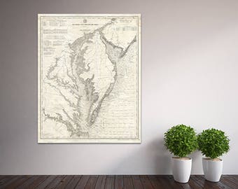 Vintage kaartafdruk Delaware en Chesapeake Bays: gedetailleerde nautische kaart