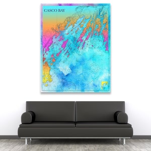 Künstlerischer Druck der Casco Bay Karte auf Ihrer Wahl von Fotopapier, Matte Papier oder Canvas Giclee Papier