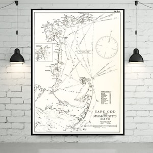 Stampa antica delle baie di Cape Cod e del Massachusetts; mappa del New England su carta fotografica, carta opaca o tela giclée a scelta