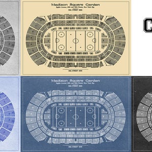 May include: A vintage style illustration of Madison Square Garden, a famous arena in New York City. The illustration shows the seating layout of the arena, with the ice hockey rink in the center. The illustration is available in four different color schemes: black and white, blue and white, beige and white, and gray and white.