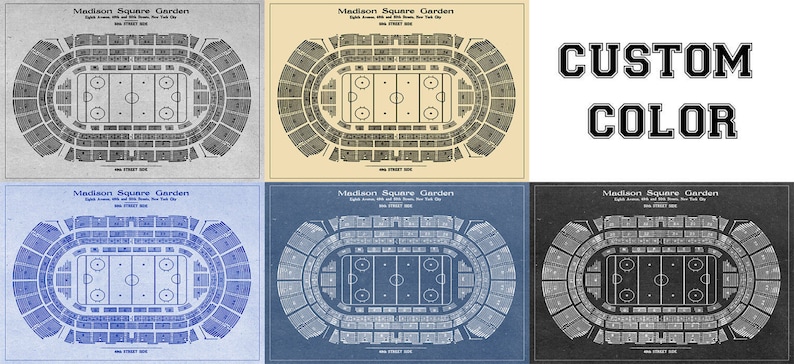 May include: A vintage style illustration of Madison Square Garden, a famous arena in New York City. The illustration shows the seating layout of the arena, with the ice hockey rink in the center. The illustration is available in four different color schemes: black and white, blue and white, beige and white, and gray and white.
