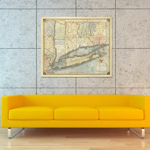 Kunstdruck der antiken Landkarte von New York mit US Bundesstaat New York auf Fotopapier, Mattpapier und Leinwand. Kostenloser Versand!