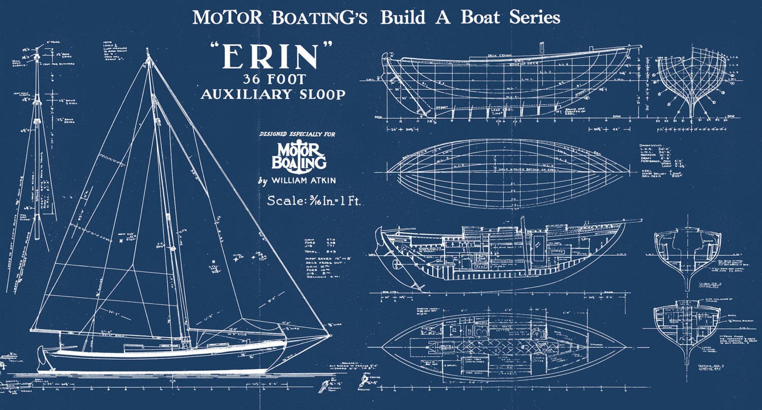 Print of Vintage ERIN Boat Blueprint from Motor Boating's Build a Boat
