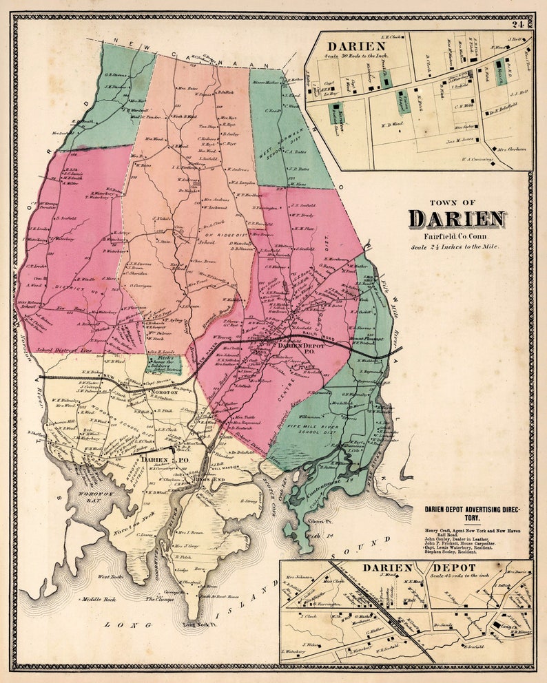 Print of Antique Map of Darien Connecticut