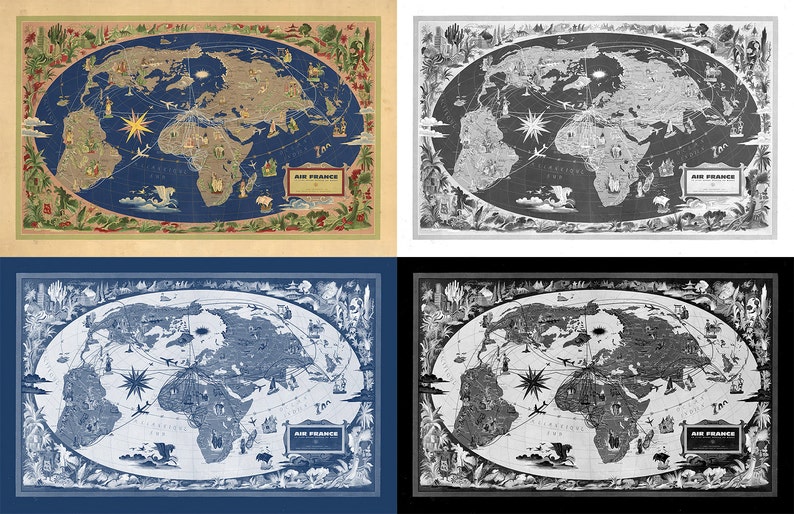 Vintage Antique Global Air France World Map Airline Plane on photo paper Matte paper Canvas Art Home Decor Giclee Print