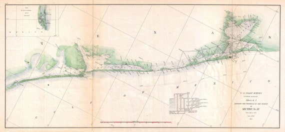 Antique vintage Texas Galveston Paper, Matte or Canvas Wall Art Decor ca California nautical chart island 1800s