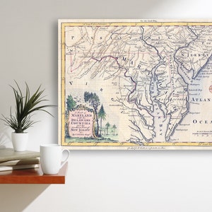 Impresión de mapa detallado vintage de los condados de Maryland y Delaware, parte sur de Nueva Jersey, en papel mate, papel fotográfico o lienzo estirado.