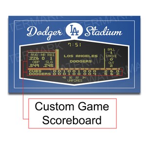Puede incluir: Un marcador de estilo vintage con fondo azul y pantalla negra. El marcador muestra el marcador de un partido de b&eacute;isbol entre los Los Angeles Dodgers y los Cubs. El marcador tambi&eacute;n muestra la hora del partido, 7:51, y el n&uacute;mero de bolas, strikes y outs. El marcador est&aacute; etiquetado como "Dodger Stadium".