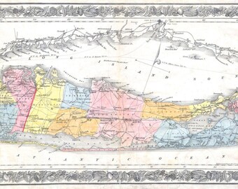 May include: An antique map of Long Island, New York, with a detailed outline of the island and its towns. The map is printed in black and white with colored accents, including pink, yellow, blue, and red.