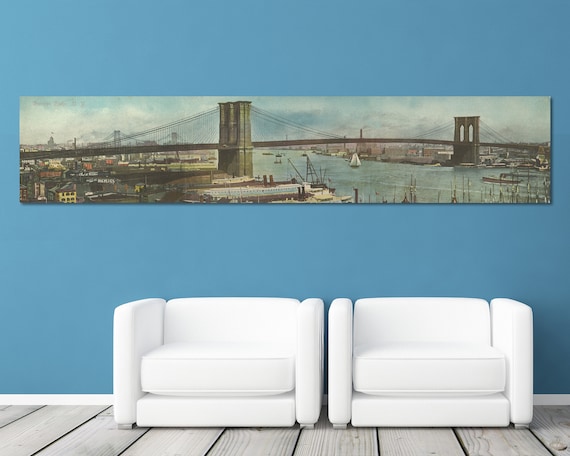 Print of Antique Brooklyn Bridge, New York Panorama on Your Choice of Either Stretched Canvas, Photo Paper, or Matte Paper.
