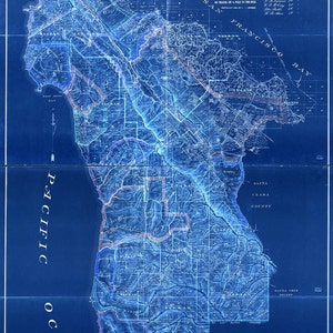 May include: A vintage blue-print map of San Mateo County, California, from 1894. The map shows the county's roads, towns, and waterways. The map is titled "Official Map of San Mateo County, California 1894."