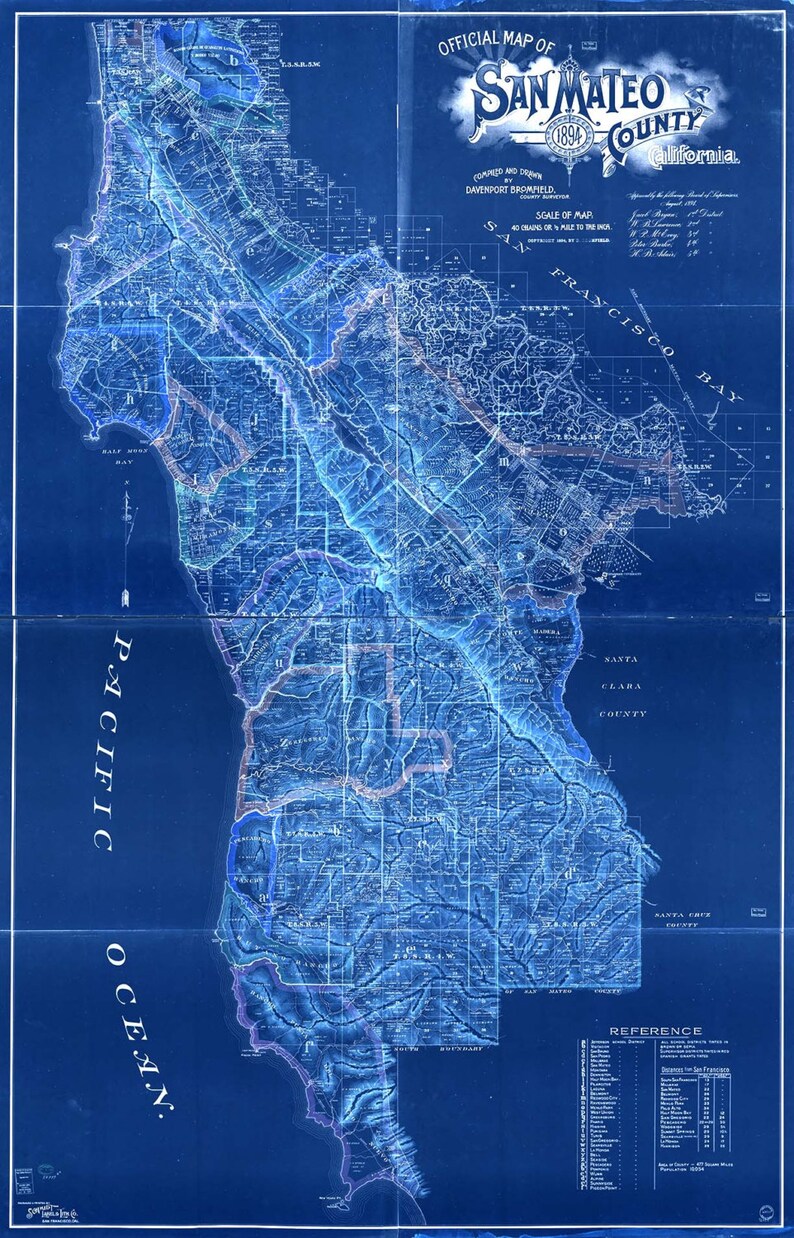 May include: A vintage blue-print map of San Mateo County, California, from 1894. The map shows the county's roads, towns, and waterways. The map is titled "Official Map of San Mateo County, California 1894."