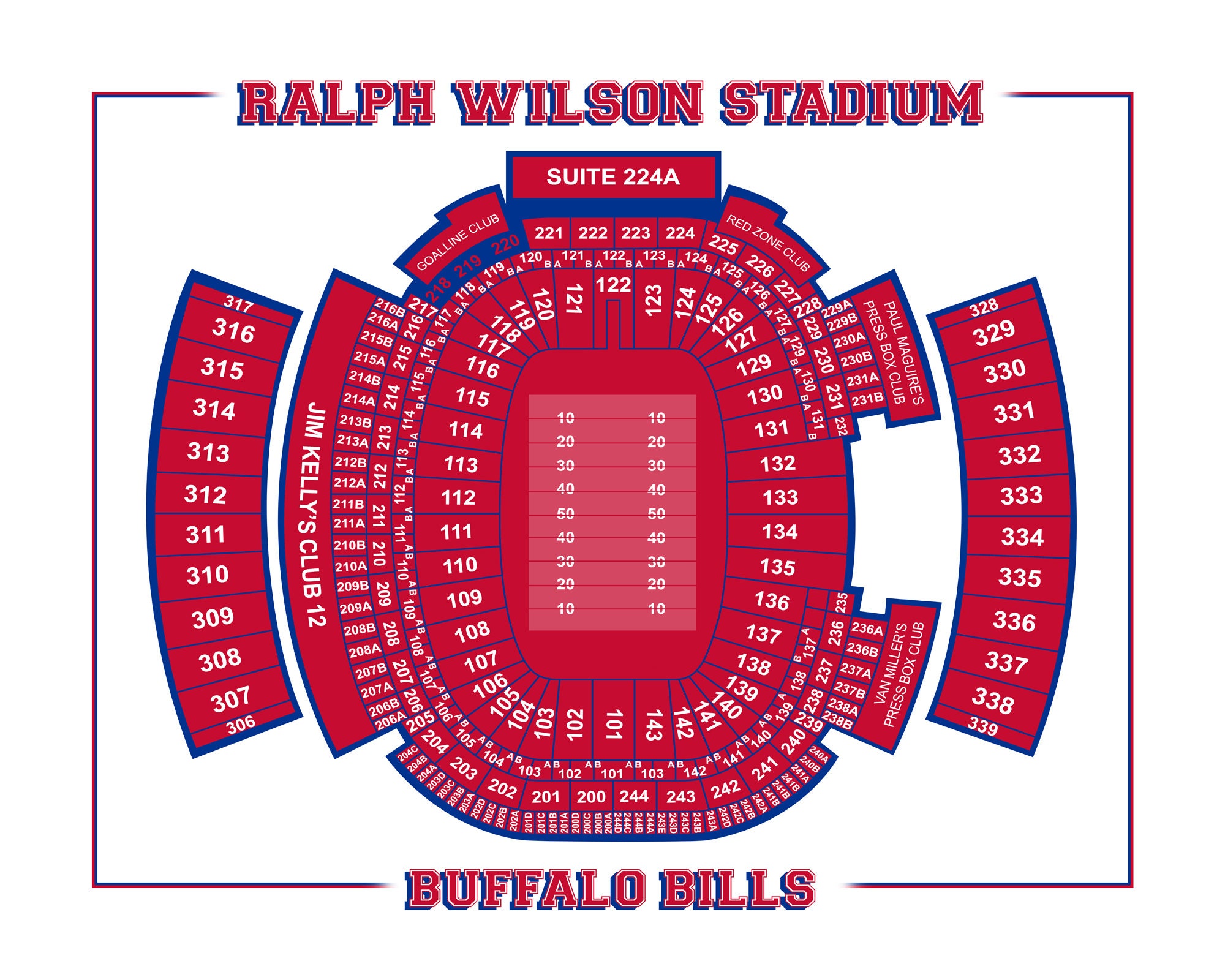 Print of Vintage Ralph Wilson Stadium Seating Chart Seating Chart on