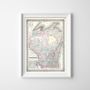 Antike Karte von Wisconsin auf mattem Papier, Fotopapier oder gespannter Leinwand. Kostenloser Versand!