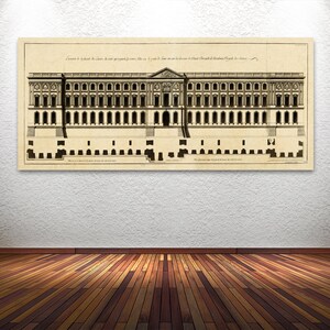 Impresión elegante del plano de elevación de estilo vintage del Palacio del Louvre en París, Francia.