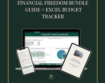 Puede incluir: Un paquete digital de libertad financiera con una guía y un rastreador de presupuesto de Excel. La imagen muestra una computadora portátil, un teléfono inteligente y una tableta que muestran paneles financieros y visualizaciones de datos. El texto dice "Financial Freedom for Everyday People."