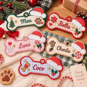 May include: Five bone-shaped embroidered ornaments featuring names Max, Bella, Luna, Charlie, and Coco. Each ornament includes a Santa hat, festive motifs like snowflakes, paw prints, candy canes, and holly, with a tag reading Furry Friends Forever.