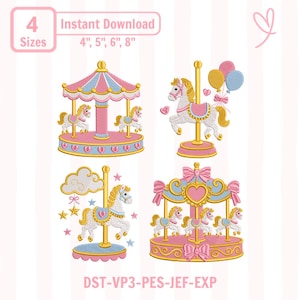 May include: An embroidery design set featuring four carousel-themed illustrations with horses, pink and blue striped canopies, hearts, stars, and balloons. Text includes 4 Sizes, Instant Download, 4", 5", 6", 8", and file formats DST, VP3, PES, JEF, EXP.