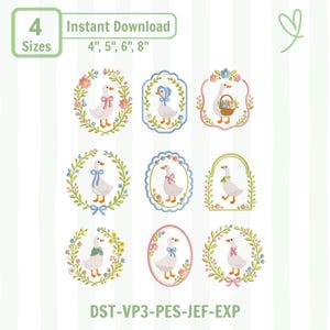 Baby Goose Embroidery Design Bundle, Newborn Nursery Machine Embroidery File, Cute Floral Goose Wreath Bow Bonnet Basket Pes File Set