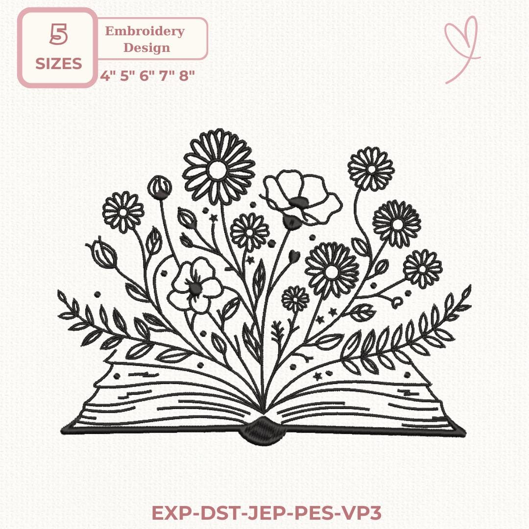 Floral Book Linework Embroidery Design, Botanical Book Lover Pattern ...