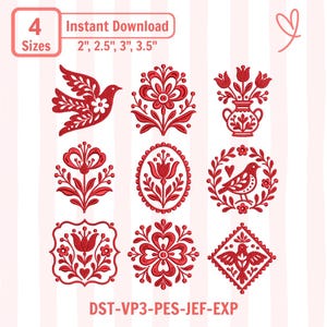 May include: A collection of nine red embroidery designs featuring birds, flowers, and floral motifs in various frames. Text includes 4 Sizes, Instant Download, 2", 2.5", 3", 3.5", and file formats DST-VP3-PES-JEF-EXP.