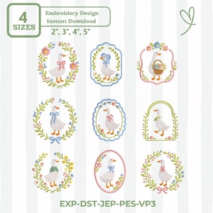 May include: A digital embroidery design set featuring nine distinct illustrations of white geese adorned with floral wreaths, ribbons, and baskets. The text reads 4 SIZES 2", 3", 4", 5" Embroidery Design Instant Download and EXP-DST-JEP-PES-VP3.