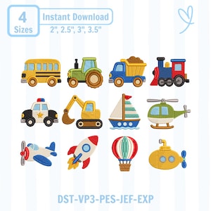 May include: A collection of twelve embroidered vehicle designs including a yellow school bus, green tractor, blue dump truck, red train, police car, yellow excavator, sailboat, green helicopter, airplane, rocket, hot air balloon, and yellow submarine.