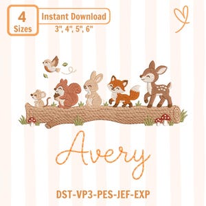 May include: An embroidery design featuring a mouse, squirrel, rabbit, fox, and deer standing on a log with mushrooms. The text reads 4 Sizes, Instant Download, 3", 4", 5", 6", Avery, and DST-VP3-PES-JEF-EXP. The design includes a small heart icon.