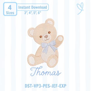 May include: An embroidery design of a tan teddy bear with a light blue striped bow tie, featuring the name Thomas in blue script below. The text 4 Sizes, Instant Download, 3", 4", 5", 6" and file formats DST-VP3-PES-JEF-EXP are visible.