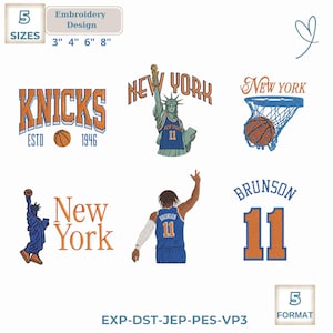 Puede incluir: Una colección de seis diseños de bordado con temas de baloncesto de Nueva York. Los elementos incluyen el texto KNICKS ESTD 1946, la Estatua de la Libertad con un balón, una canasta, el texto New York, un jugador con el número 11 y BRUNSON 11.