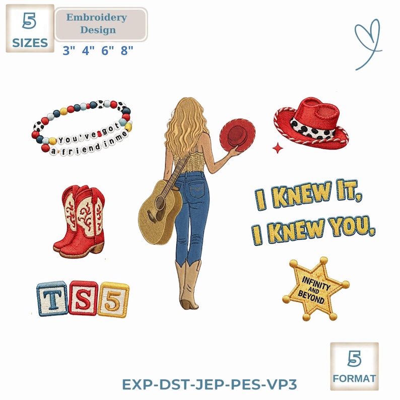 May include: An embroidery design set featuring a beaded bracelet with the text You've got a friend in me, red cowboy boots, a person with a guitar, a red hat, the text I KNEW IT, I KNEW YOU, a sheriff star with Infinity and Beyond, and TS5 blocks.