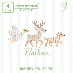 Puede incluir: Un diseño de bordado que muestra un pato volando, un ciervo de pie y un cachorro caminando, con el nombre Nathan escrito en cursiva debajo. El texto 4 Sizes, Instant Download, 3", 4", 5", 6" y los formatos DST-VP3-PES-JEF-EXP son visibles.