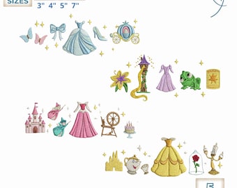 Set 4 Coquette Princess Embroidery Design Bundle, Disney Princess Embroidery File, Disney Trip, Disneyland Trip, Fantasyland Gift, Baby Girl