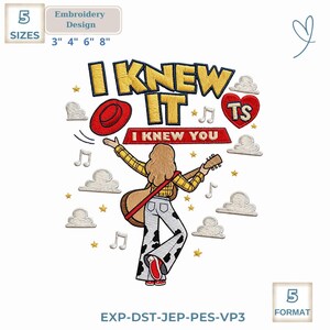 May include: An embroidery design featuring a person with long hair, a yellow plaid shirt, and cow-print bell-bottoms playing a guitar. The text reads I KNEW IT and I KNEW YOU, accompanied by a red hat, a red heart with TS, clouds, stars, and music notes.