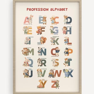 May include: A framed educational wall art print titled Profession Alphabet, featuring letters A through Z in a muted color palette. Each letter is paired with a whimsical animal character dressed in a specific job uniform, including an astronaut, baker, chef, doctor, engineer, firefighter, gardener, hairdresser, illustrator, journalist, kindergarten teacher, librarian, musician, nurse, oceanographer, pilot, quilter, researcher, scientist, teacher, urban planner, veterinarian, writer, x-ray technician, yoga instructor, and zoologist.
