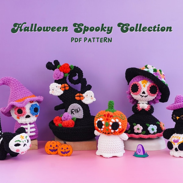Paquete de patrones de crochet espeluznantes de Halloween, patrón de árbol muerto, patrón de esqueleto, patrón de gato calavera, patrón de gato esqueleto, patrón de fantasma calabaza