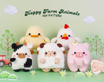 Happy Farm Animals Häkelanleitung Bundle, Schaf-Muster, Kuh-Muster, Schwein-Muster, Hahn-Muster, Enten-Muster, PDF-Muster