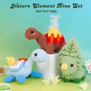 May include: A set of three crocheted dinosaur toys in shades of brown, blue, and green. The text "Nature Element Dino Set PDF Pattern" is at the top. The volcano dinosaur has a yellow and red top. The blue dinosaur has a yellow and orange back.